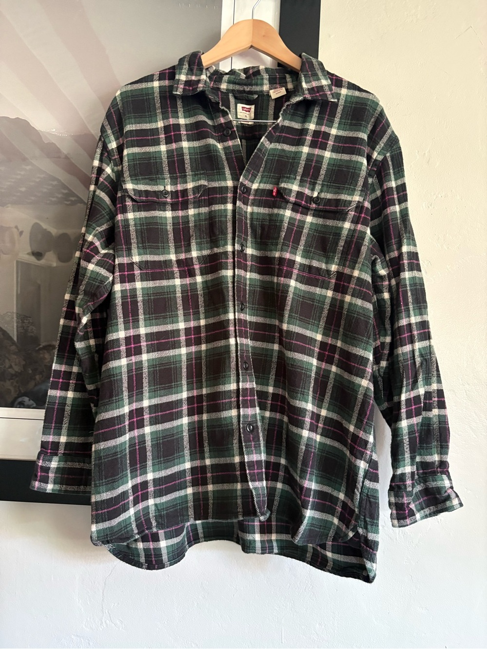 Levi's Green Plaid Button-Down Shacket with White and Pink Accents